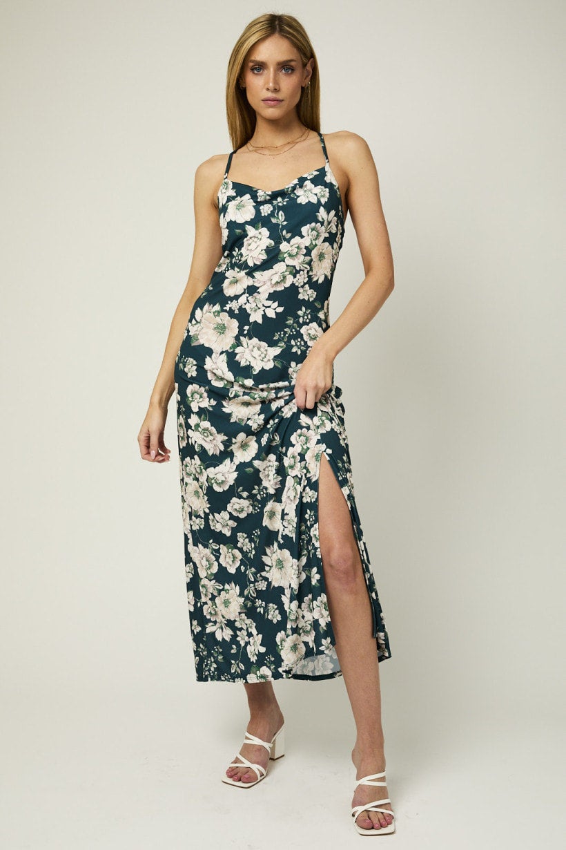 Sleeveless Tie Shoulder Back Cross Floral Maxi Dress Gilli