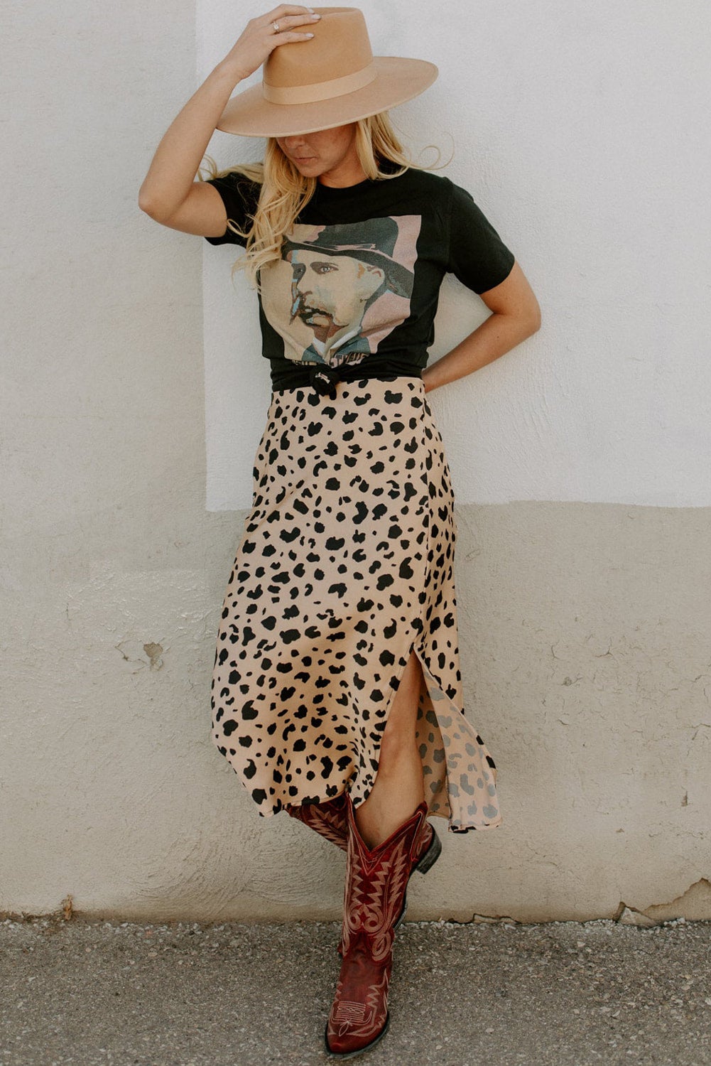 Khaki Leopard Spots Printed Split Hem Midi Skirt Boutique Style The Butterfly Boutique